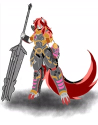 Size: 2066x2638 | Tagged: safe, artist:zeroraid, oc, oc only, oc:beast, oc:oath breaker, anthro, anthro oc, armor, high res, mace, male, power armor, powered exoskeleton, scar, simple background, weapon, white background