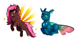 Size: 1138x590 | Tagged: safe, artist:lastnight-light, oc, oc:chocolate heart, oc:spotlight spectacle, changedling, changeling, earth pony, pony, female, filly, lying down, prone, simple background, transparent background