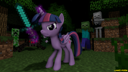 Size: 1920x1080 | Tagged: safe, artist:lance-pizon, twilight sparkle, alicorn, pony, spider, undead, zombie, g4, 3d, bone, bow (weapon), creeper, diamond sword, minecraft, skeleton, source filmmaker, sword, twilight sparkle (alicorn), weapon