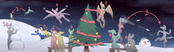 Size: 17000x5120 | Tagged: safe, artist:difis, oc, alicorn, changeling, earth pony, griffon, pegasus, pony, unicorn, auction, christmas, christmas tree, fireworks, group, group photo, holiday, new year, night, party, snow, snowman, tree, winter