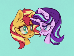 Size: 800x606 | Tagged: safe, artist:goshhhh, starlight glimmer, sunset shimmer, pony, unicorn, g4, bedroom eyes, blue background, blushing, bust, duo, female, heart eyes, lesbian, looking at each other, looking at someone, mare, ship:shimmerglimmer, shipping, simple background, smiling, wingding eyes