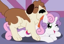 Size: 1024x705 | Tagged: safe, artist:pandalove93, sweetie belle, dog, pony, unicorn, g4, animal, cute, diasweetes, female, filly, licking, misleading thumbnail, one eye closed, open mouth, puppy, tongue out