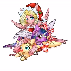 Size: 4096x4096 | Tagged: safe, artist:miokomata, artist:tawnysweet, fluttershy, oc, oc:dazzling talents, oc:mio, alicorn, earth pony, pony, g4, alicorn oc, animal costume, candy, candy cane, christmas, clothes, collaboration, costume, dress, drink, drinking straw, female, food, freckles, hat, holiday, hoof hold, horn, mare, pony pile, red nose, reindeer costume, santa hat, socks, soda, soda can, striped socks, wings