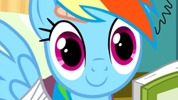 Size: 1280x720 | Tagged: safe, screencap, rainbow dash, pegasus, pony, g4, read it and weep, bandage, bed, book, c:, cute, dashabetes, female, looking at you, mare, smiling, solo