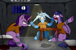 Size: 1080x720 | Tagged: safe, artist:rapid9, starlight glimmer, trixie, twilight sparkle, alicorn, pony, unicorn, g4, angry, clothes, jail, prison, prison outfit, prisoner, prisoner sg, prisoner ts, prisoner tx, sitting, table, trio, twilight sparkle (alicorn)
