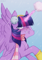 Size: 2894x4093 | Tagged: safe, artist:cottonaime, twilight sparkle, alicorn, pony, g4, blushing, boots, clothes, earmuffs, magic, scarf, shoes, snow, solo, twilight sparkle (alicorn), winter outfit
