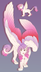 Size: 1514x2652 | Tagged: safe, artist:seffiron, oc, oc only, oc:lavender wings, hybrid, colored wings, female, gradient background, interspecies offspring, magical lesbian spawn, multicolored wings, offspring, parent:fluttershy, parent:the sphinx, solo, wings