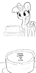 Size: 3000x6000 | Tagged: safe, artist:tjpones edits, edit, twilight sparkle, alicorn, pony, g4, 2 panel comic, absurd resolution, black and white, black forest cake, cake, comic, female, food, grayscale, mare, message, monochrome, portal (valve), simple background, solo, the cake is a lie, twilight sparkle (alicorn), white background