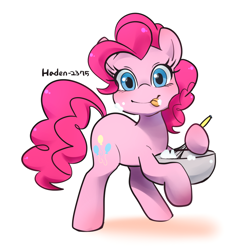 Size: 894x906 | Tagged: safe, artist:haden-2375, pinkie pie, earth pony, pony, g4, batter, bowl, cute, diapinkes, food, licking, licking lips, looking at you, mixing, mixing bowl, simple background, solo, tongue out, whisk, white background