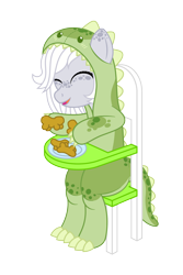 Size: 1600x2400 | Tagged: safe, artist:datspaniard, oc, oc only, oc:fossil fluster, earth pony, pony, adult foal, animal costume, animal onesie, chair, chicken meat, chicken nugget, clothes, costume, dinosaur costume, eyes closed, food, highchair, kigurumi, meat, onesie, playing, simple background, smiling, solo, transparent background