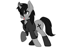 Size: 1200x800 | Tagged: safe, artist:ruchiyoto, oc, oc only, oc:black cross, pony, unicorn, 2021 community collab, derpibooru community collaboration, boots, clothes, crucifix, edgy, jacket, male, shoes, simple background, solo, stallion, transparent background