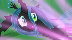 Size: 1280x720 | Tagged: safe, screencap, queen chrysalis, changeling, g4, to where and back again, fangs, scared