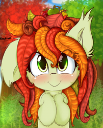 Size: 2019x2500 | Tagged: safe, artist:freefraq, oc, oc only, oc:flower, original species, plant pony, pony, apple, blushing, cute, eye clipping through hair, female, fluffy, food, high res, leaves, looking at you, plant, smiling, solo, weapons-grade cute