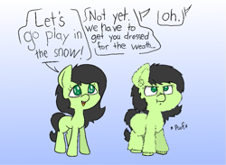 Size: 897x657 | Tagged: safe, artist:happy harvey, oc, oc:filly anon, earth pony, pony, :t, butt fluff, cheek fluff, chest fluff, colored pupils, cute, descriptive noise, dialogue, ear fluff, female, fetlock tuft, filly, fluffy, glare, gradient background, leg fluff, looking up, neck fluff, no pupils, nose wrinkle, ocbetes, offscreen character, open mouth, phone drawing, poof, scrunchy face, simple background, smiling, unshorn fetlocks, white background, winter coat