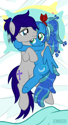 Size: 656x1200 | Tagged: safe, artist:jennieoo, oc, oc:maverick, oc:ocean soul, earth pony, elemental, pegasus, pony, g4, bed, butt, cute, embrace, female, hug, love, lovers, male, mare, pillow, plot, ponytail, show accurate, soulverick, stallion