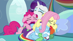 Size: 1280x720 | Tagged: safe, screencap, fluttershy, pinkie pie, rainbow dash, rarity, tank, earth pony, pegasus, pony, tortoise, unicorn, g4, tanks for the memories, bathrobe, clothes, cry pile, crying, dashie slippers, fluttercry, makeup, male, mascarity, pathetic, pinkie cry, rarity being rarity, robe, running makeup, slippers, tank slippers, trio focus, uvula