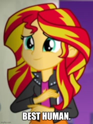 Size: 500x669 | Tagged: safe, screencap, sunset shimmer, equestria girls, g4, my little pony equestria girls: rainbow rocks, best human, caption, cropped, image macro, imgflip, solo, text