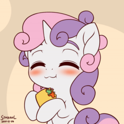 Size: 1200x1200 | Tagged: safe, artist:symbianl, sweetie belle, pony, unicorn, g4, :3, animated, blushing, cute, diasweetes, eating, eyebrows, eyes closed, female, filly, foal, food, frame by frame, gif, munching, pun, simple background, solo, symbianl is trying to murder us, taco, taco belle, thick eyebrows, vegetarian, weapons-grade cute