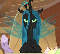 Size: 959x861 | Tagged: safe, screencap, queen chrysalis, pony, frenemies (episode), g4, cropped, cupcake, cute, cutealis, food, solo