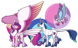 Size: 2122x1310 | Tagged: safe, artist:inuhoshi-to-darkpen, princess cadance, princess flurry heart, shining armor, alicorn, earth pony, pony, unicorn, g4, chest fluff, cloven hooves, ear fluff, flying, hoof fluff, large wings, leonine tail, redesign, royal family, simple background, tail feathers, transparent background, wings