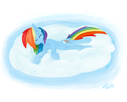 Size: 3600x2900 | Tagged: safe, artist:toxinagraphica, rainbow dash, pegasus, pony, g4, cheek fluff, cloud, eyes closed, female, fluffy, high res, lineless, lying down, lying on a cloud, mare, on a cloud, simple background, smiling, solo, white background, wings