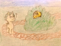 Size: 4032x3024 | Tagged: safe, artist:php159, oc, oc only, oc:errant, earth pony, pony, caught, colored pencil drawing, confused, hiding in bushes, path, question mark, stalker, stalking, traditional art