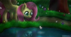 Size: 4096x2160 | Tagged: safe, alternate version, artist:darbedarmoc, fluttershy, night light, butterfly, pegasus, pony, g4, field, flower, forest, grass, looking at something, mystery, night, reflection, river, solo, spread wings, stars, trail, tree, water, wings