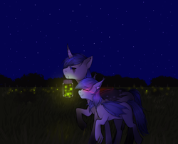 Size: 4164x3373 | Tagged: safe, artist:eve99, oc, oc only, oc:selena, bat pony, changeling, firefly (insect), insect, pony, bat wings, changeling oc, female, forest, forest background, male, mare, night, sombra eyes, stars, wingding eyes, wings