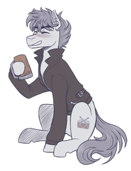 Size: 2000x2600 | Tagged: safe, artist:monnarcha, oc, oc only, earth pony, pony, cider mug, clothes, high res, jacket, male, mug, simple background, solo, stallion, transparent background