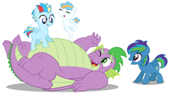 Size: 1280x710 | Tagged: safe, artist:aleximusprime, spike, oc, oc:lightning flash, oc:misty blitz, oc:storm streak, dragon, fanfic:calming of the storm, flurry heart's story, g4, adult, adult spike, baby, belly, bouncing, children, colt, cute, eyes closed, fat, fat spike, female, filly, foal, happy, jumping, kids, laughing, lying down, male, offspring, older, older spike, one eye closed, parent:oc:thunderhead, parent:rainbow dash, parents:canon x oc, playing, plump, simple background, trampoline, transparent background, vector, winged spike, wings