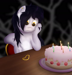 Size: 2040x2117 | Tagged: safe, artist:melody joy, oc, oc only, oc:locus, sphinx, cake, candle, ear piercing, food, high res, male, paws, piercing, sadness, solo, sphinx oc