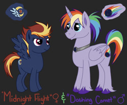 Size: 900x750 | Tagged: safe, artist:thetenthclass, oc, oc only, oc:dashing comet, oc:midnight flight, alicorn, pegasus, pony, black background, brother and sister, duo, female, magical lesbian spawn, male, mare, multicolored hair, offspring, parent:rainbow dash, parent:twilight sparkle, parents:twidash, rainbow hair, siblings, simple background, stallion