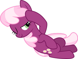 Size: 2803x2139 | Tagged: safe, artist:dasprid, cheerilee, earth pony, pony, g4, bedroom eyes, female, high res, lying down, mare, on back, one eye closed, simple background, transparent background, vector, wink