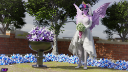 Size: 3840x2160 | Tagged: safe, artist:shadowboltsfm, twilight sparkle, alicorn, anthro, plantigrade anthro, g4, 3d, 4k, altar, big breasts, blender, bouquet, breasts, clothes, crown, dress, eyelashes, flower, high heels, high res, jewelry, looking at you, necklace, not sfm, regalia, shoes, smiling, socks, solo, standing, thigh highs, twilight sparkle (alicorn), veil, wedding dress, wings