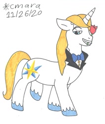 Size: 1025x1208 | Tagged: safe, artist:cmara, prince blueblood, pony, unicorn, g4, bedroom eyes, bowtie, flower, grin, male, mouth hold, rose, simple background, smiling, solo, stallion, traditional art, unshorn fetlocks, white background
