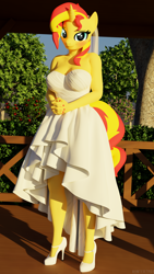 Size: 3240x5760 | Tagged: safe, artist:hunterz263, sunset shimmer, unicorn, anthro, plantigrade anthro, g4, 3d, 5k, blender, blushing, clothes, dress, female, high heels, looking at you, not sfm, outdoors, shoes, solo, veil, wedding dress