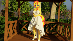 Size: 5760x3240 | Tagged: safe, alternate version, artist:hunterz263, sunset shimmer, unicorn, anthro, plantigrade anthro, g4, 3d, 5k, blender, blushing, clothes, dress, female, high heels, looking at you, not sfm, outdoors, shoes, solo, veil, wedding dress