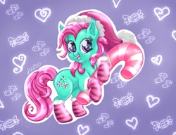 Size: 1671x1283 | Tagged: safe, artist:avui, minty, earth pony, pony, g3, candy, candy cane, christmas, clothes, cute, food, holiday, mintabetes, socks, solo