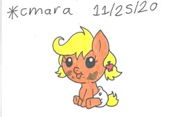 Size: 898x607 | Tagged: safe, artist:cmara, applejack, earth pony, pony, g4, :p, alternate hairstyle, baby, babyjack, diaper, female, foal, messy, simple background, sitting, solo, tongue out, traditional art, white background, younger