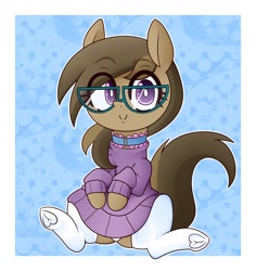 Size: 1700x1800 | Tagged: safe, artist:fullmetalpikmin, oc, oc only, oc:dawnsong, earth pony, pony, clothes, collar, female, glasses, looking at you, panties, smiling, socks, solo, sweater, underwear, white underwear