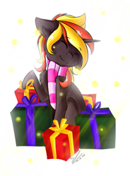 Size: 1280x1741 | Tagged: safe, artist:yuris, oc, oc only, oc:java, pony, unicorn, christmas, clothes, holiday, present, scarf, solo