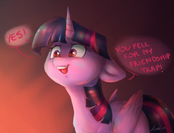 Size: 1770x1362 | Tagged: safe, artist:buttersprinkle, twilight sparkle, alicorn, pony, g4, all according to keikaku, dark, dialogue, female, floppy ears, glowing, mare, neck fluff, open mouth, pure unfiltered evil, simple background, smiling, smirk, solo, speech bubble, that pony sure does love friendship, twilight sparkle (alicorn)