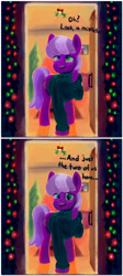 Size: 1045x2339 | Tagged: safe, artist:phutashi, cheerilee, earth pony, pony, g4, 2 panel comic, christmas, christmas lights, clothes, comic, dialogue, door, doorway, female, hearth's warming, hearth's warming eve, holiday, innuendo, looking at you, looking up, mare, mistletoe, open mouth, raised hoof, solo, sweater, talking to viewer