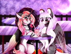Size: 4100x3100 | Tagged: safe, artist:krissstudios, oc, oc only, alicorn, pegasus, pony, bendy straw, chest fluff, drinking straw, drinking through a straw, female, mare, moon, pale belly, table, two toned wings, wings