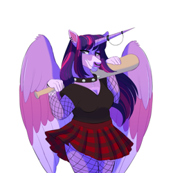 Size: 2000x2000 | Tagged: safe, artist:uunicornicc, twilight sparkle, alicorn, anthro, g4, baseball bat, chin fluff, clothes, colored wings, ear piercing, fishnet stockings, high res, horn, horn ring, multicolored wings, nose piercing, piercing, ring, shirt, simple background, skirt, solo, twilight sparkle (alicorn), white background, wings