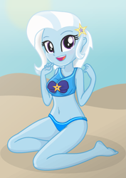 Size: 1417x2000 | Tagged: safe, artist:grapefruitface1, part of a set, trixie, equestria girls, g4, barefoot, base used, beach, beach shorts swimsuit, bikini, breasts, clothes, cute, diatrixes, feet, happy, kneeling, show accurate, solo, swimsuit, trace, trixie's beach shorts swimsuit
