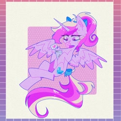 Size: 1242x1242 | Tagged: safe, artist:blairvonglitter, princess cadance, alicorn, pony, g4, bow, bubblegum, ear fluff, food, gum, hair bow, heart, phone, pictogram, ponytail, solo, speech bubble, tail bow, teen princess cadance, teenager, younger