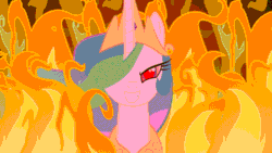 Size: 960x540 | Tagged: safe, artist:nicoboss143, edit, princess celestia, pony, g4, evil smile, female, fire, gif, grin, gritted teeth, inverted mouth, looking at you, mare, non-animated gif, red eyes, red eyes take warning, smiling, snaplestia