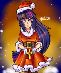 Size: 625x750 | Tagged: safe, artist:melliedraws, twilight sparkle, human, g4, christmas, clothes, female, gloves, hat, heart, heart eyes, holiday, humanized, looking at you, present, santa hat, skirt, solo, wingding eyes