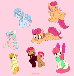 Size: 768x788 | Tagged: safe, artist:breezietype, apple bloom, babs seed, cozy glow, peachy pie, petunia paleo, scootaloo, earth pony, pegasus, pony, g4, blushing, clothes, cute, female, filly, flying, jacket, lying down, open mouth, pink background, prone, scarf, scootaloo can fly, simple background, sketch, sketch dump